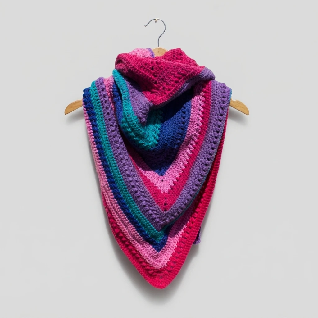 Multicolored striped triangle crochet shawl in pink, purple, blue and teal, folded and draped over a wooden hanger against a plain light gray background.