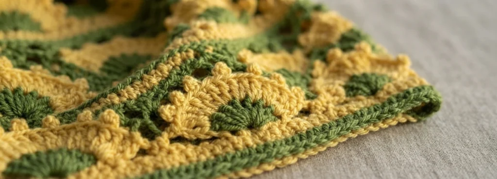 Close-up of yellow and green crocheted fabric with textured shell or fan motifs and a green border, resting on a light gray surface.