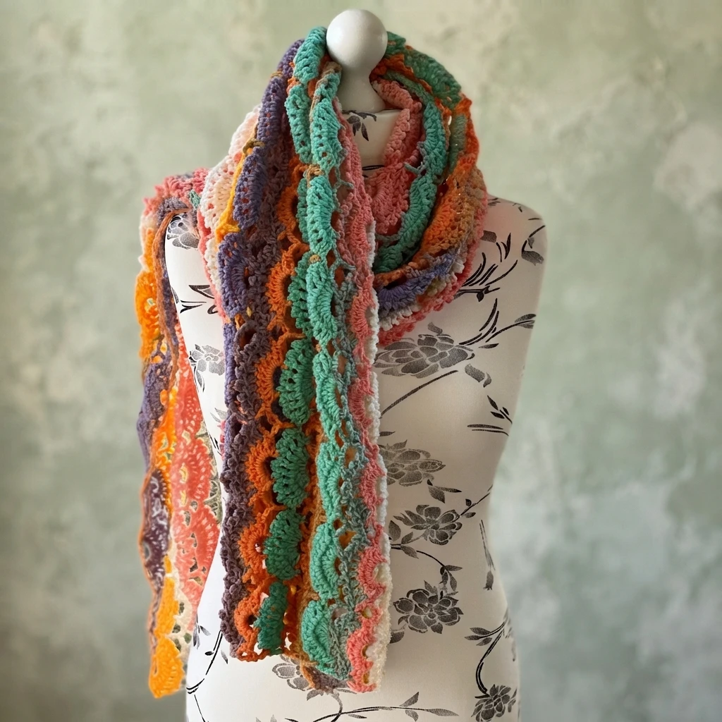 A colorful striped crochet wrap in turquoise, purple, orange, coral and cream draped around the neck of a floral-patterned dress form against a plain textured background
