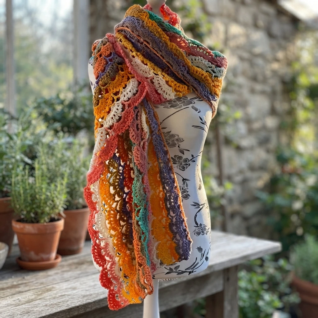 Multicolored lacy crochet wrap with fan and picot texture draped over a floral-patterned dress form, shown outdoors in a garden with potted plants and a stone wall