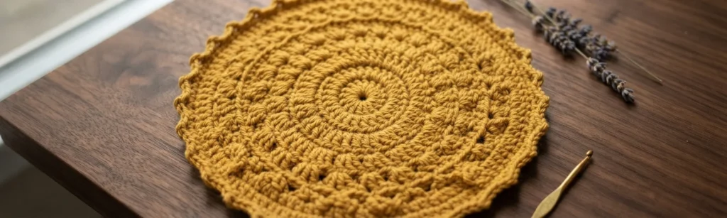Finished round crocheted mat in solid mustard yellow yarn with concentric textured rounds and a scalloped edge, resting on a dark wood table next to dried lavender stems and a gold crochet hook.