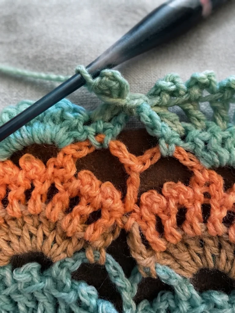 Close-up of crocheted fan and picot stitches in teal, orange and tan yarn, with a dark crochet hook inserted in the top picot row, resting on a light grey fabric background.