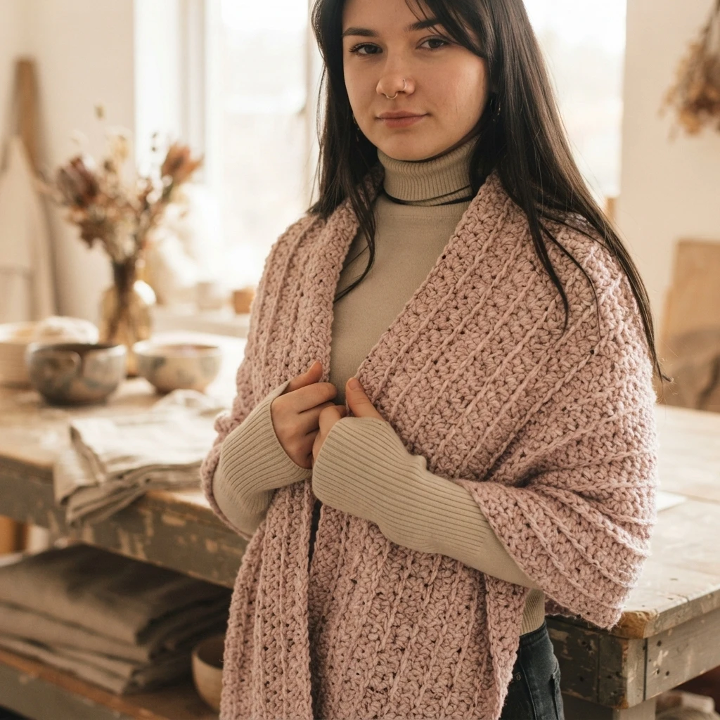 Woman wearing a dusty pink crochet wrap over a cream ribbed turtleneck, holding the wrap closed with both hands, standing beside a wooden table in a bright indoor room with dried flowers and bowls.