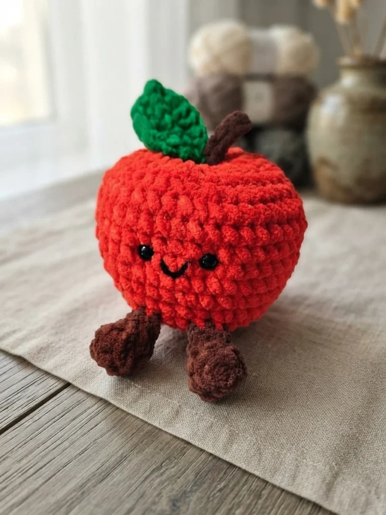 Crocheted red amigurumi apple with a green leaf, brown stem, brown feet, black safety eyes and an embroidered smile, sitting on a linen cloth over a wooden table with blurred yarn and a vase in the background.