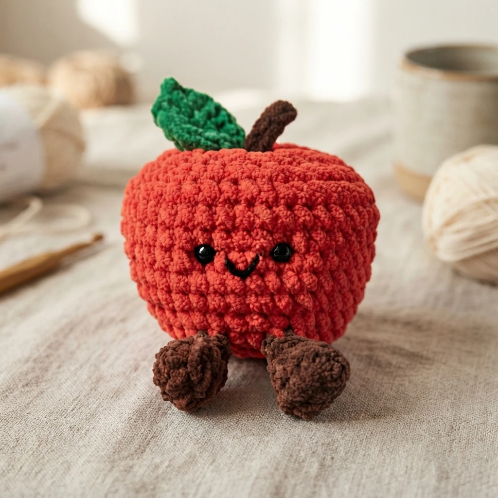 Crocheted red amigurumi apple with a green leaf, brown stem, two brown feet, black safety eyes and a small stitched smile, sitting on a light tablecloth with balls of yarn, a crochet hook and a ceramic pot in the background.