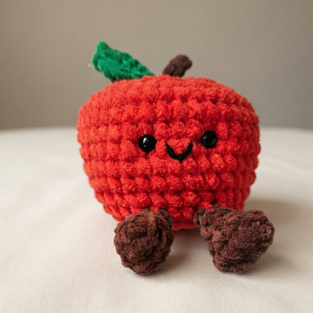 Small crocheted red apple plush with black safety eyes, an embroidered smile, two brown crocheted feet, a brown stem and a green leaf, sitting upright on a light surface