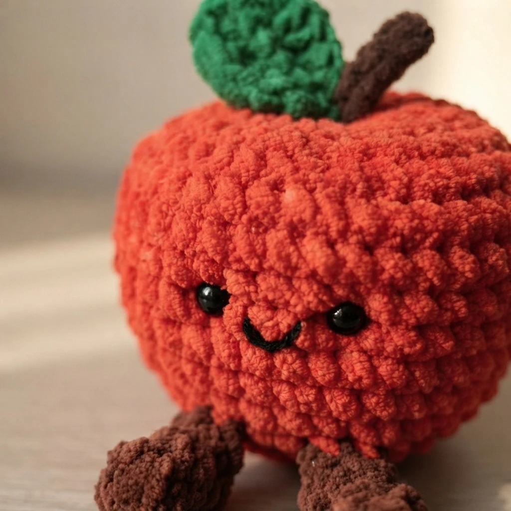 Crocheted red apple amigurumi with two brown feet, a green leaf and brown stem on top, black safety eyes and an embroidered smile, photographed close up on a pale wooden surface.