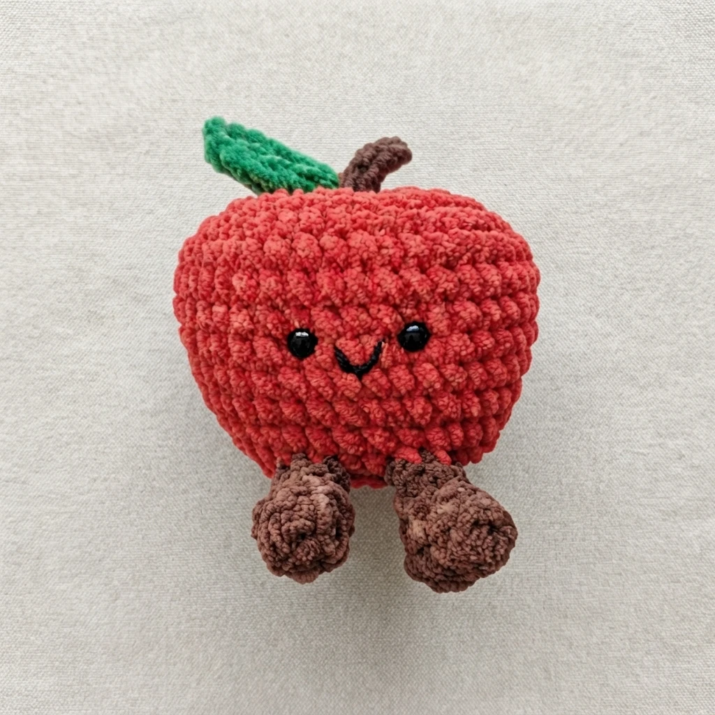 Crocheted red apple amigurumi with a green leaf, a brown stem, two brown crocheted feet, black safety eyes and a small embroidered smile, resting on a light grey fabric surface.