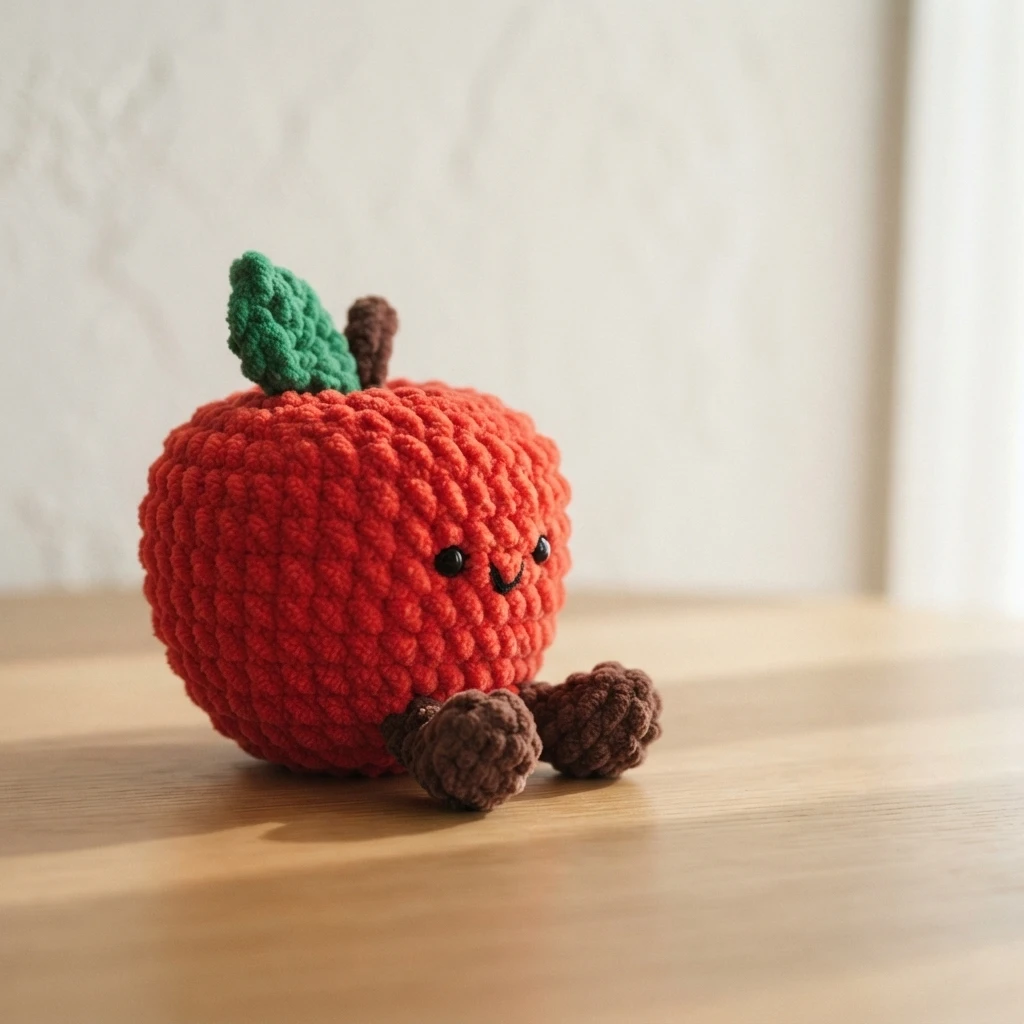 Red crochet amigurumi apple with a green leaf, a brown stem, two small brown feet, black bead eyes and a stitched smile, sitting on a light wooden surface against a cream wall.