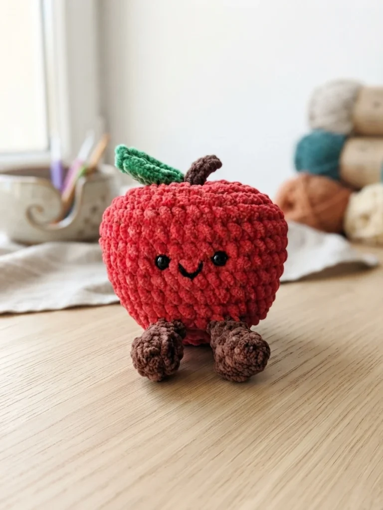 Crochet amigurumi apple with a red chenille body, a green leaf and brown stem on top, two brown feet, black safety eyes and an embroidered smile, sitting on a wooden table with blurred yarn balls behind it.