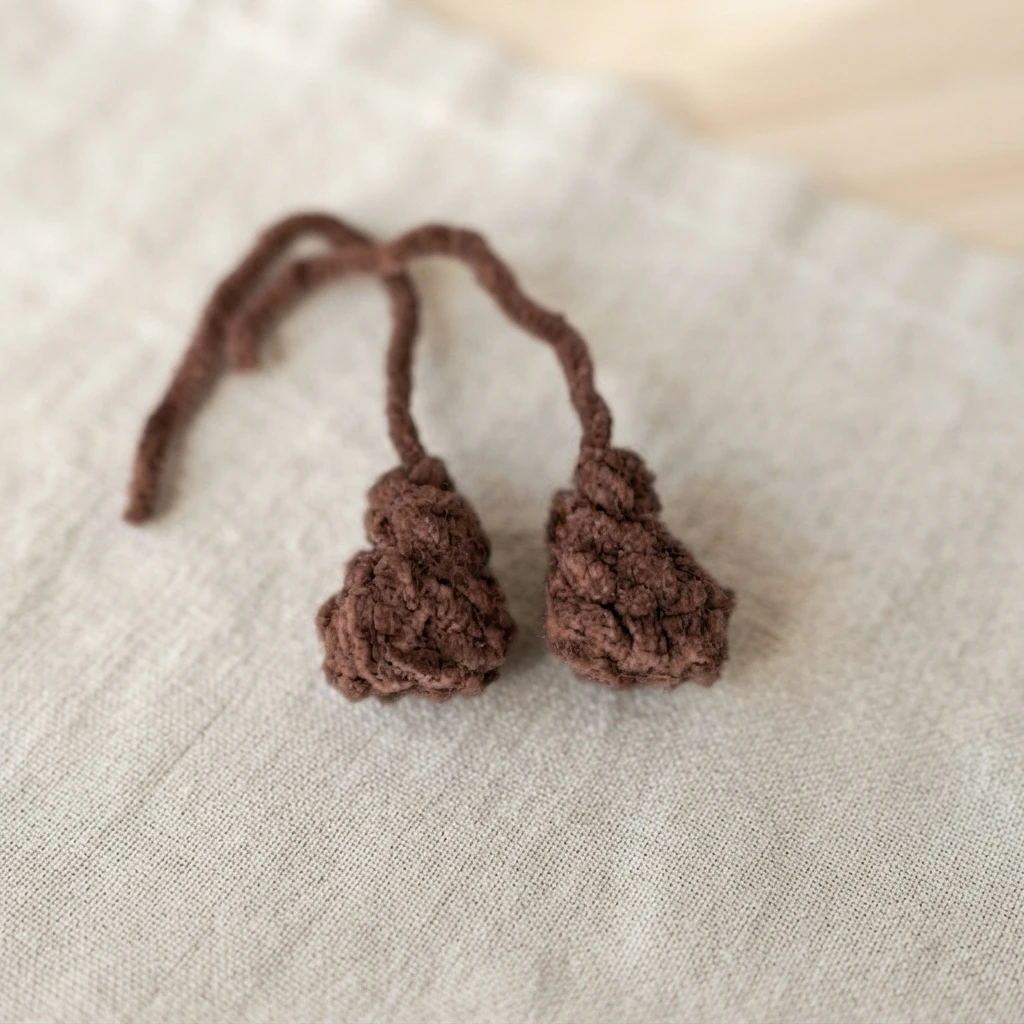 Two small brown crochet amigurumi feet with long yarn tails, lying side by side on a light beige linen fabric.
