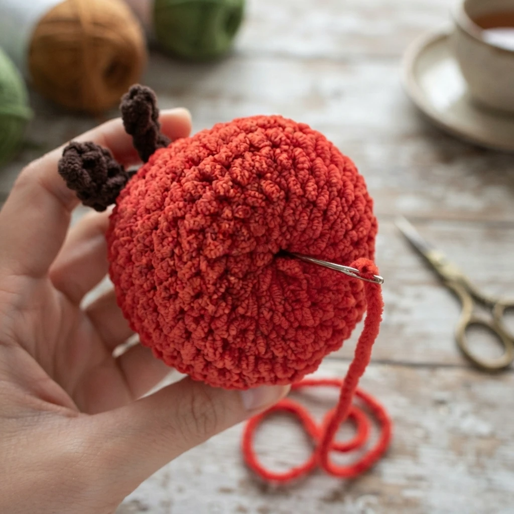 Hand holding a partly finished red crocheted apple ball with a tapestry needle threaded through its center, small dark brown crocheted pieces near the top, loose red yarn looping below, with blurred yarn balls, scissors and a cup on a woode