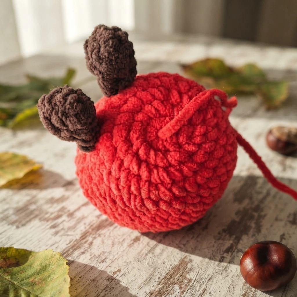 Bottom view of a crocheted red apple amigurumi with two dark brown crocheted legs attached and a loose red yarn tail, resting on a weathered wooden table with autumn leaves and chestnuts in the background.