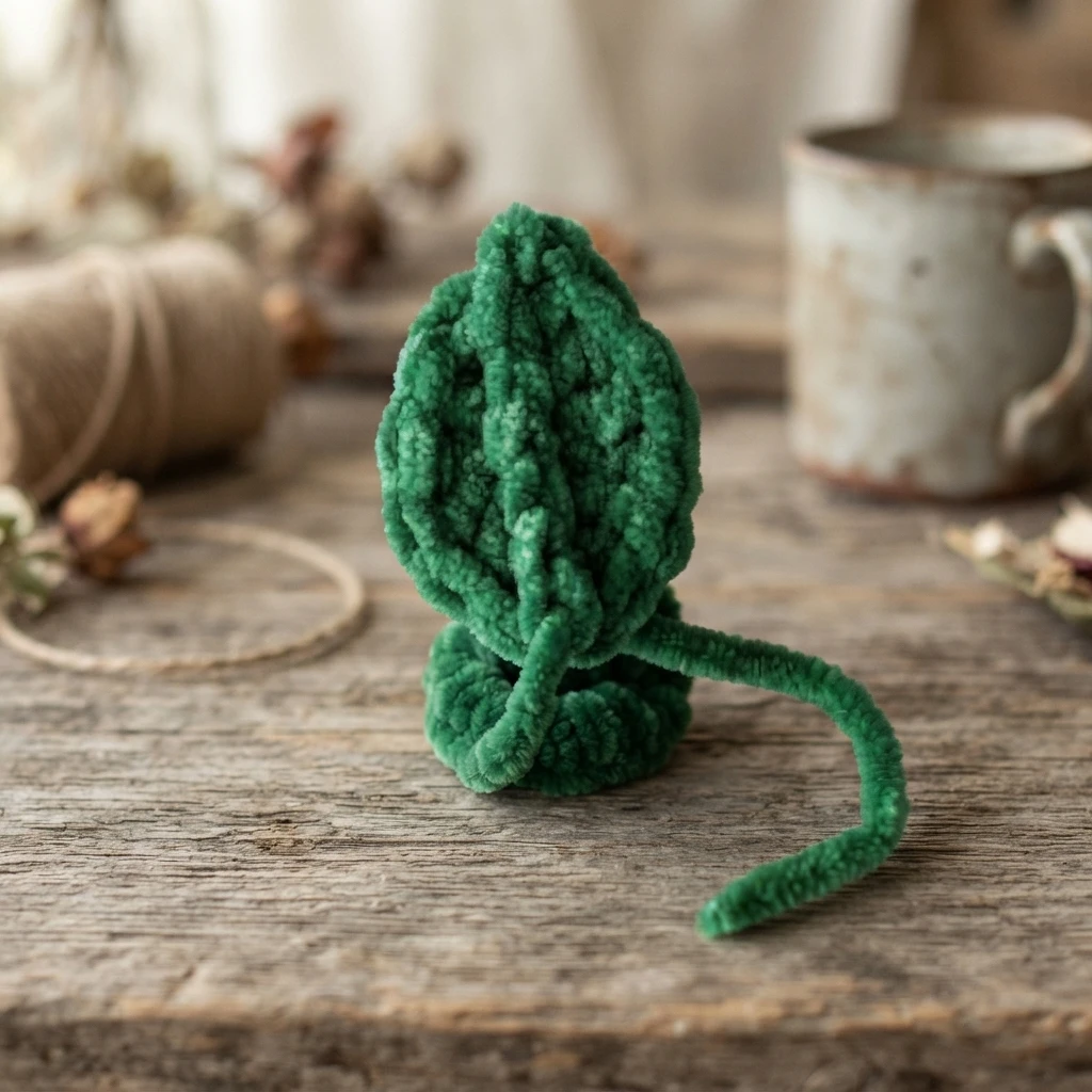 Green crocheted leaf with a raised center ridge and a long yarn tail, resting on a rustic wooden table beside a mug, twine and dried flowers.