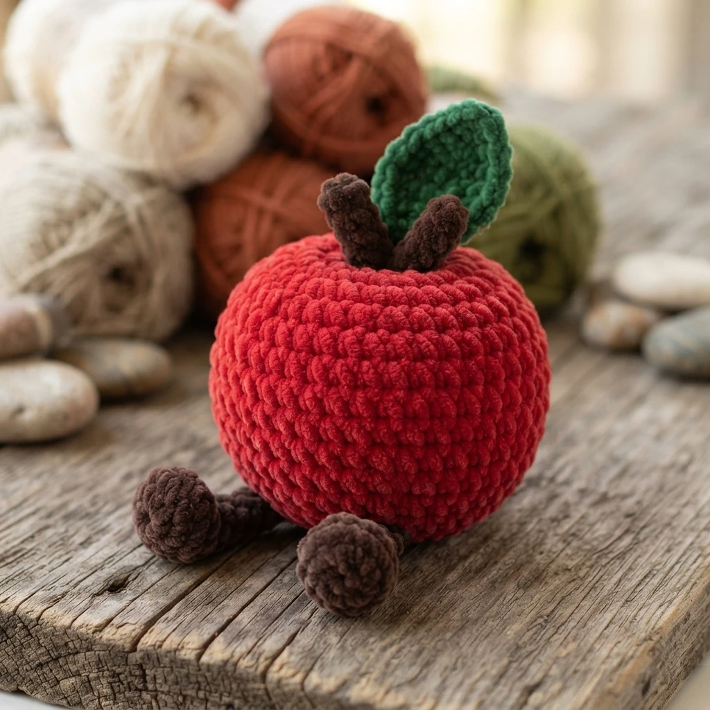 Crocheted red amigurumi apple with a green leaf and a brown stem on top and two brown feet below, seen from behind on a wooden surface with balls of yarn and smooth stones blurred in the background.