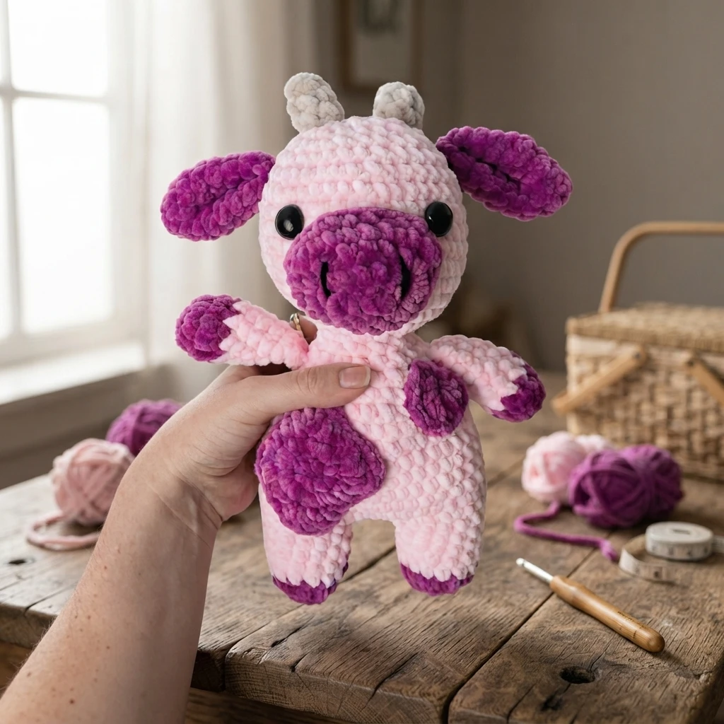 Hand holding a pink and purple crochet strawberry cow with beige horns on a wooden table with yarn balls and a crochet hook