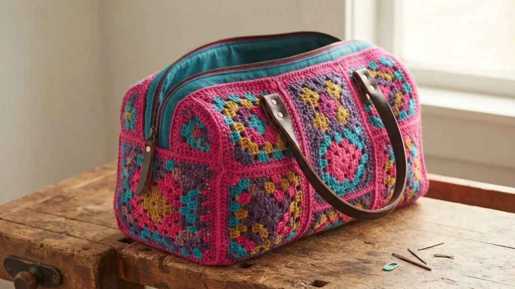 Crocheted granny square bag in pink, purple, teal and mustard with teal lining, zipper and brown leather handles resting on a wooden table by a window.