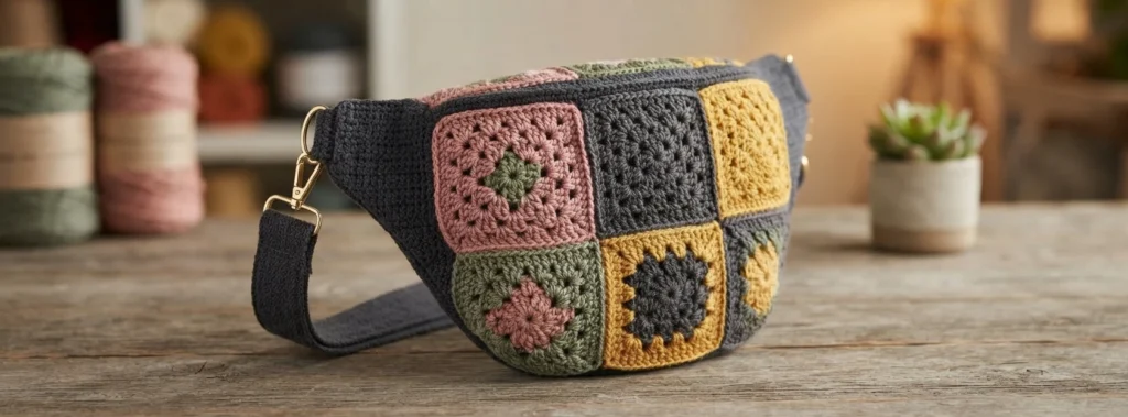Crochet granny-square crossbody bag with pink, grey, mustard and green squares resting on a wooden table, with yarn skeins and a small potted plant in the background.