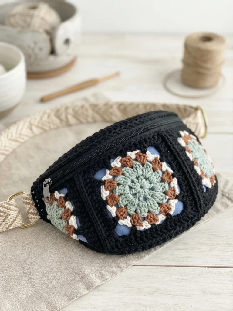 Black crochet crossbody bag with granny square motifs in sage green, rust and cream, light blue lining, black top zipper and a beige woven strap, arranged on a light wood table next to yarn and a crochet hook.