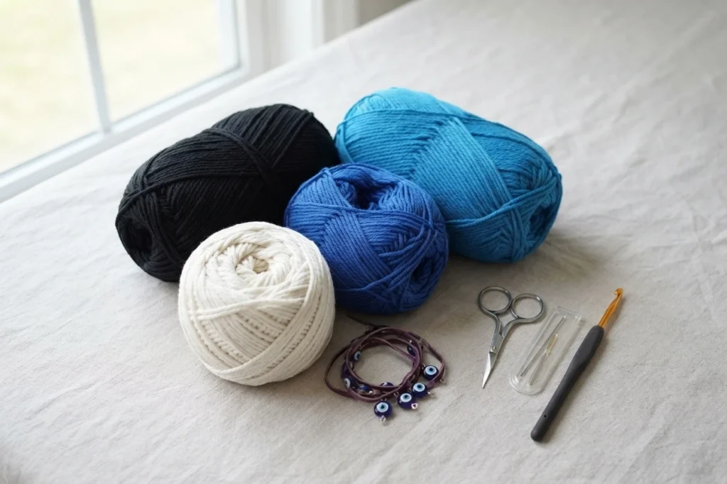 Four balls of yarn in black, white, dark blue and turquoise with scissors, yarn needles, a crochet hook and an evil eye bead cord on light fabric