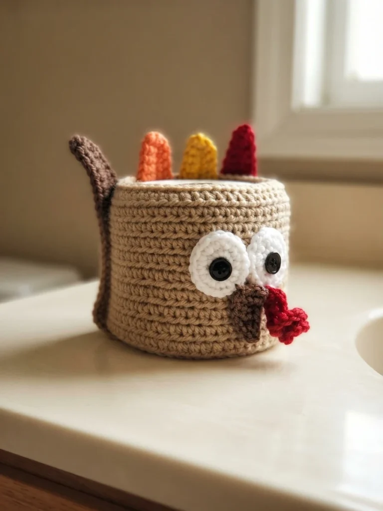 Crocheted tan turkey toilet paper roll cover with two white button eyes, a brown beak, a red snood and four colored tail feathers, sitting on a bathroom counter beside a sink.