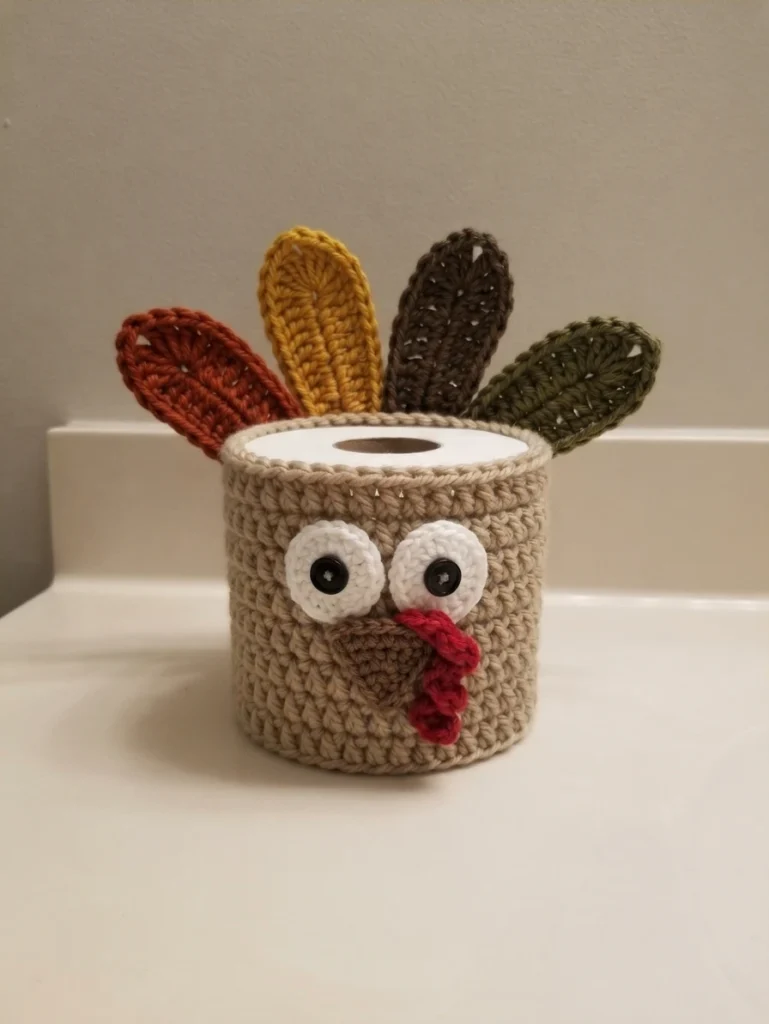 Crocheted beige turkey toilet paper roll cover with two white button eyes, a brown beak and a red snood, plus four flat fanned feathers in rust, yellow, dark brown and olive, sitting on a white surface.