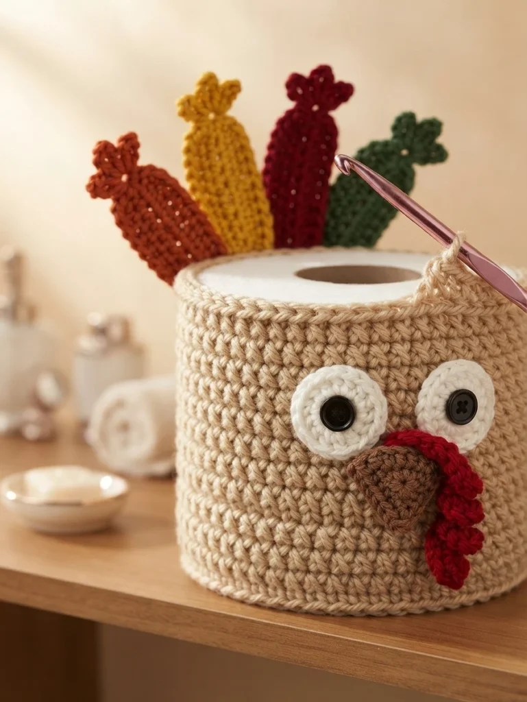 Crocheted tan turkey toilet paper roll cover with white button eyes, a brown beak, a red snood and four multicolored feather pieces rising from the top, with a crochet hook tucked into the opening, displayed on a wooden shelf beside folded