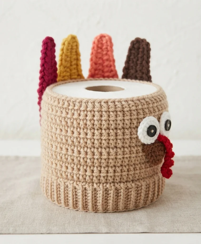 Crocheted tan turkey toilet paper roll cover standing upright, with four raised textured feathers in maroon, mustard yellow, coral and dark brown, two white crocheted eyes with black button pupils, a brown beak and a red crocheted snood, sh