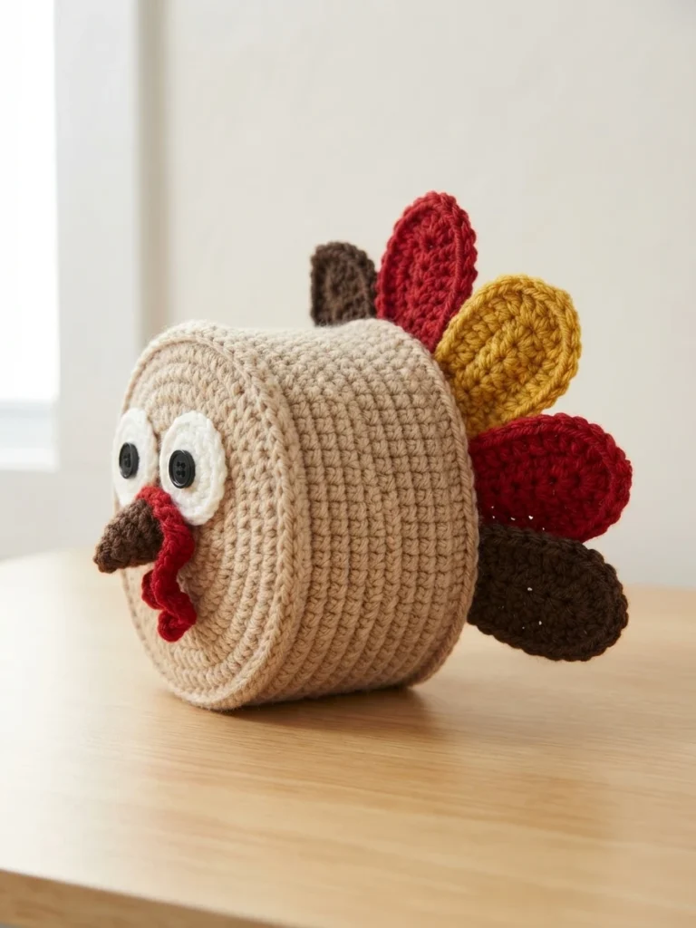 Crocheted tan turkey toilet paper roll cover with two white button eyes, a brown beak, a red wattle and fanned red, yellow and dark brown feathers, resting on a wooden table in front of a pale wall.