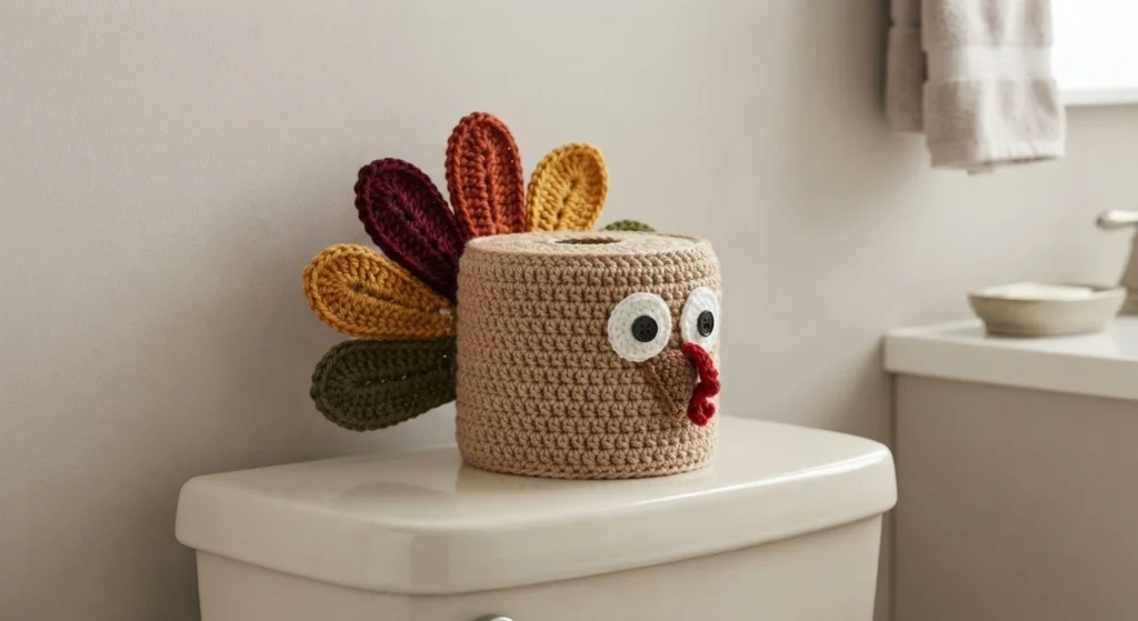 Crocheted tan turkey toilet paper roll cover sitting on a white toilet tank, with white button eyes, a brown beak, a red snood and a fan of brown, burgundy, orange, yellow and green crocheted feathers.