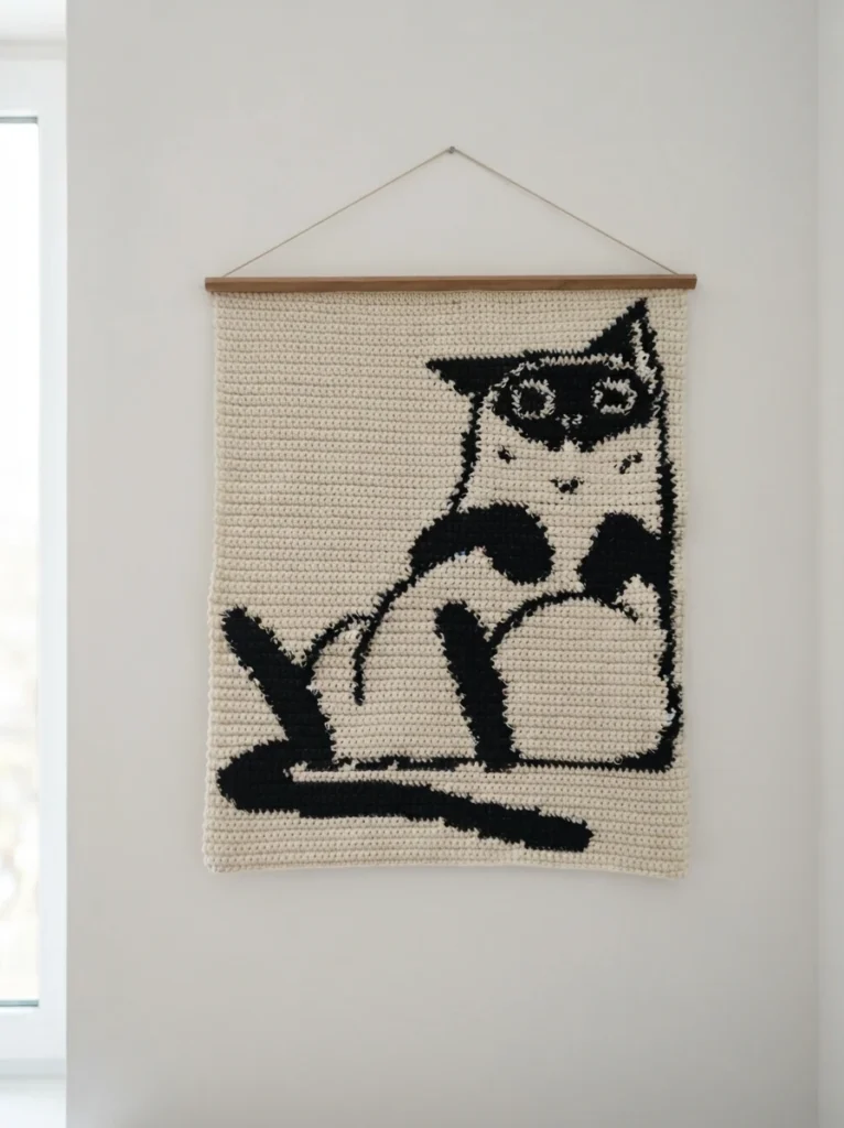 Crochet tapestry wall hanging in cream and black showing a seated cat, hung from a wooden dowel by a cord against a plain wall