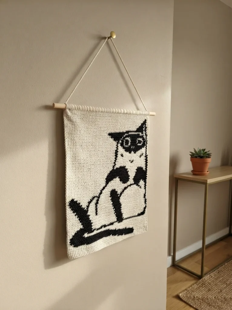 Black and white crochet tapestry of a sitting cat hanging from a wooden dowel on a beige wall, next to a small table with a potted plant