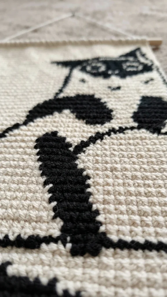 Close-up of a cream and black crochet tapestry showing the upper body and head of a black cat worked in single crochet, with a hanging cord visible at the top edge.