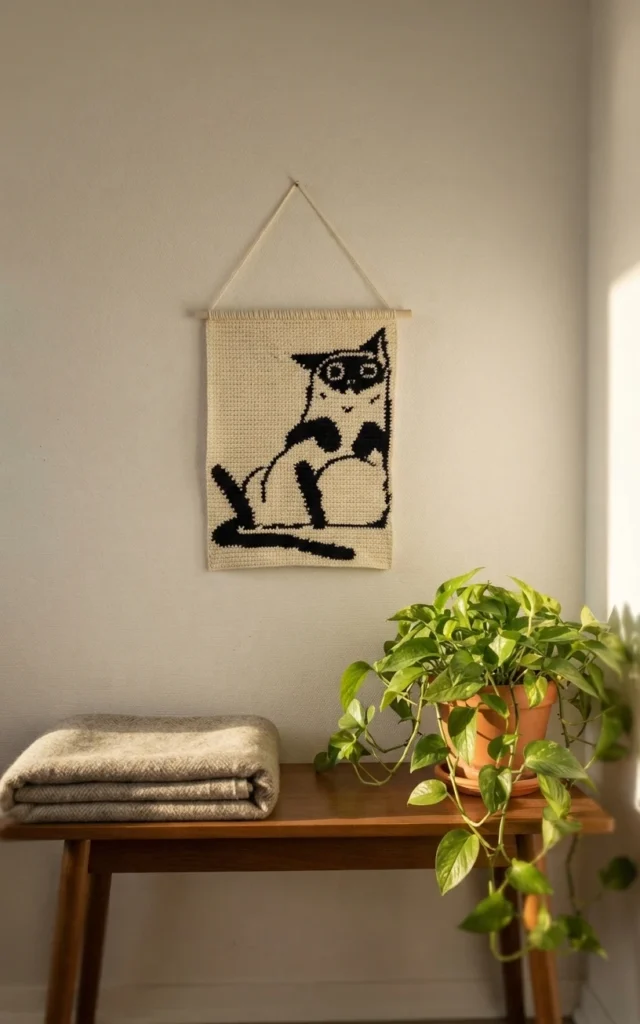 Black and white crochet cat wall hanging on a wooden dowel, displayed on a light wall above a wooden table with folded linens and a potted trailing plant.