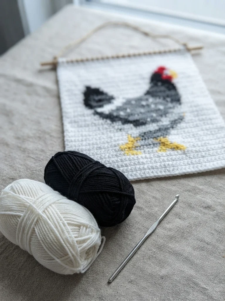A cream and black tapestry wall hanging on a wooden dowel showing a hen with a red comb and yellow feet, with balls of white and black yarn and a metal crochet hook in the foreground on a table.