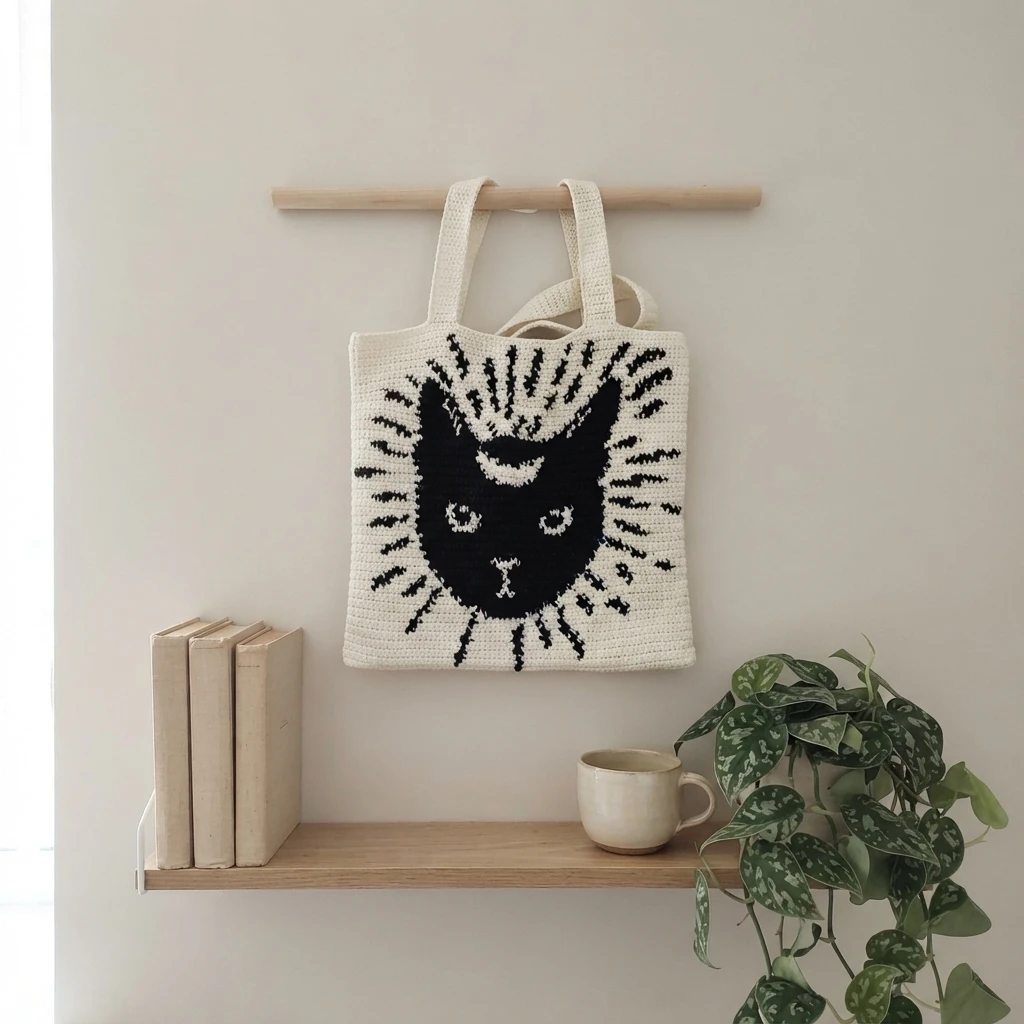 Crocheted tote bag with a black cat face and radiating lines on a white background, hanging from a wooden dowel on a wall.