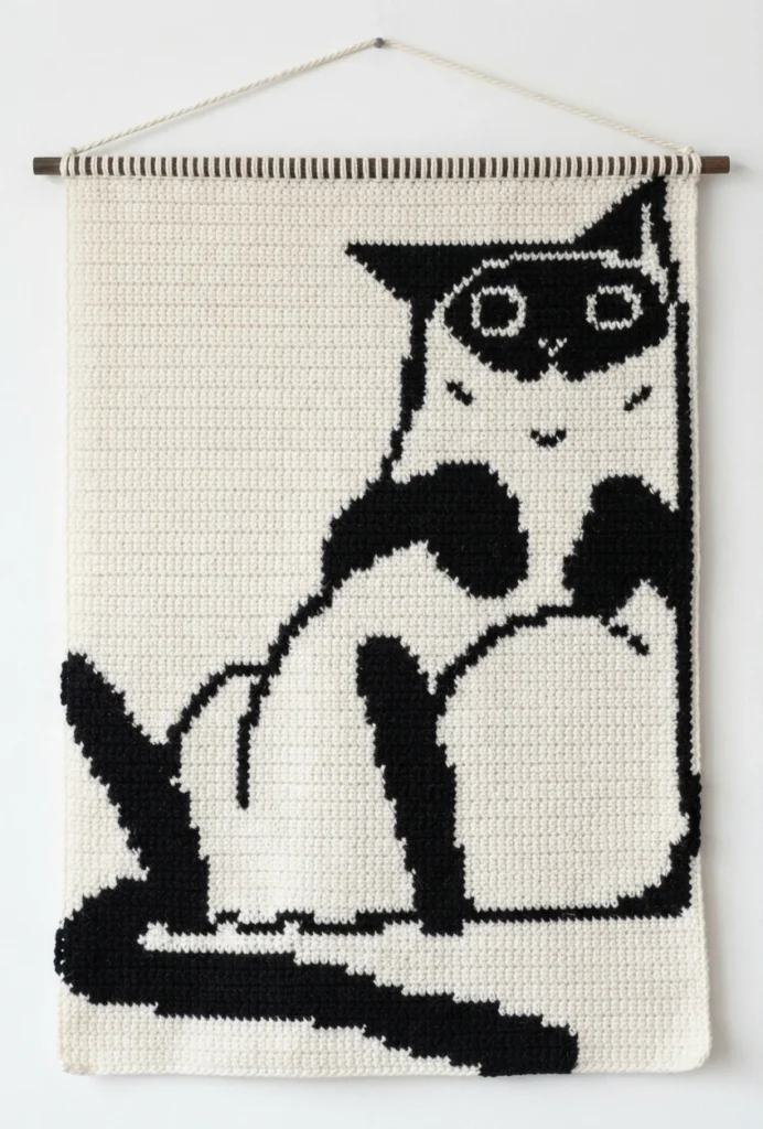 Crochet wall hanging in white and black showing a sitting cat with a long tail, suspended from a wooden dowel