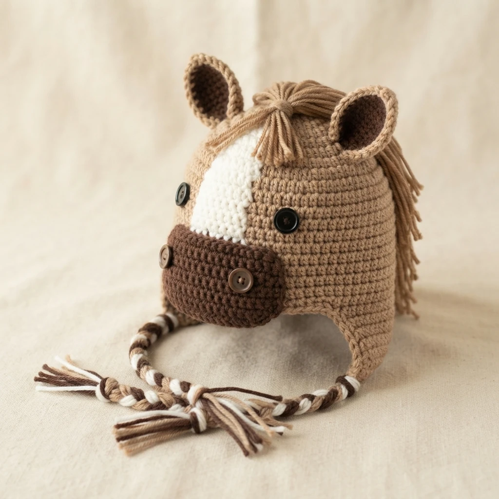 Crocheted light brown pony beanie with dark brown muzzle, white forehead stripe, button eyes, yarn mane and braided ties