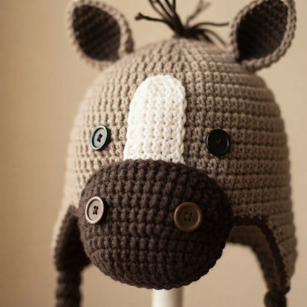 Finished crochet pony beanie with earflaps, upright ears, white forehead stripe, dark brown muzzle and button eyes and nostrils