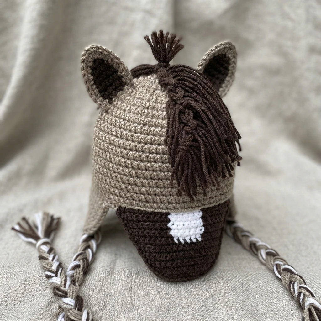 Finished crochet pony beanie in light brown and dark brown with pointed ears, dark yarn mane, white forehead patch and braided ties.