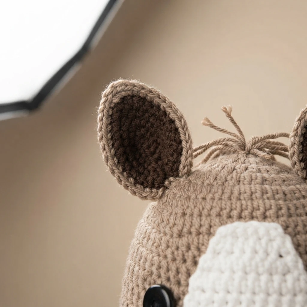 Close-up of a light brown crochet pony beanie showing one rounded ear with a dark brown inner ear, a white forehead patch, a black button eye and a few thin mane strands