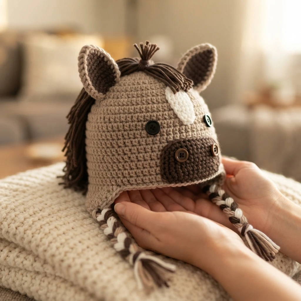 Crocheted horse beanie in beige and dark brown with black button eyes, a white forehead blaze, yarn mane and braided ear ties with tassels, held in two hands over a knitted blanket.