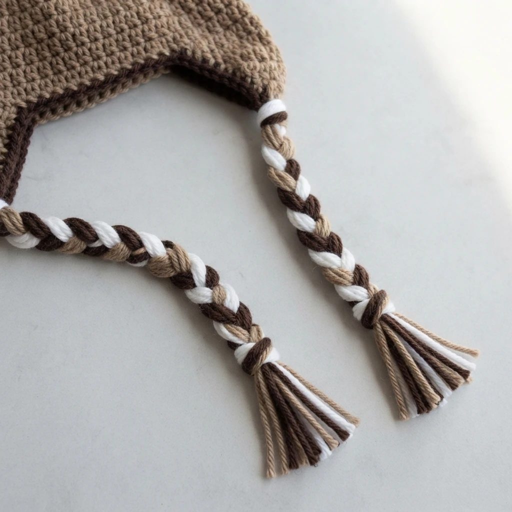 Close-up of a crocheted beige beanie earflap with braided ties in beige, brown and white ending in small yarn tassels.