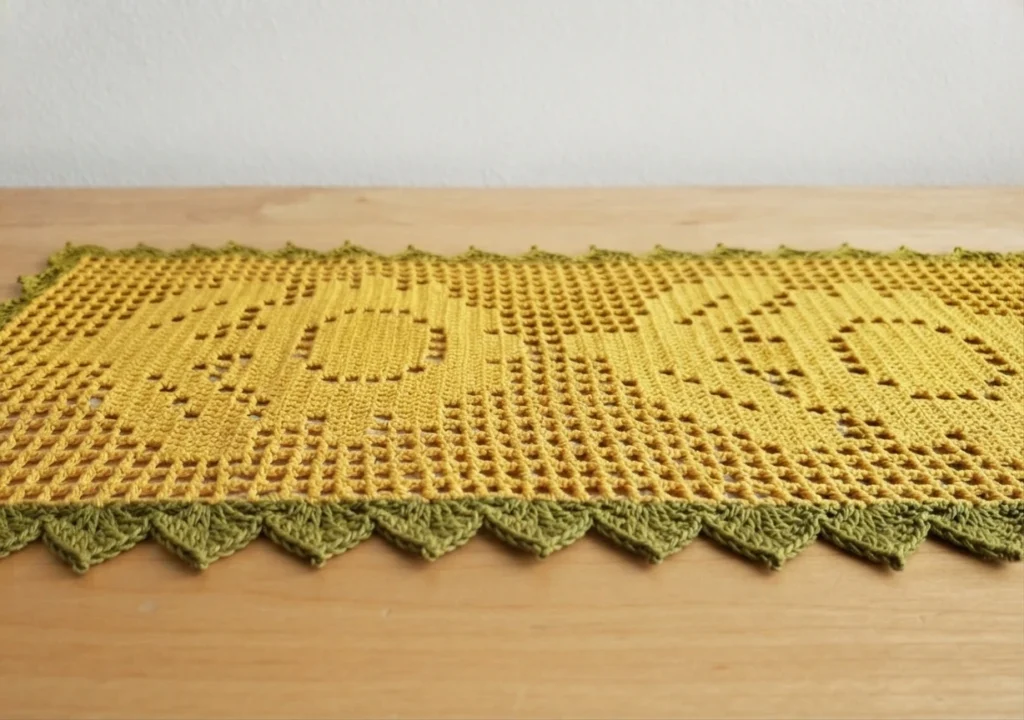 Yellow filet crochet table runner with a sunflower motif and a green scalloped border, laid flat on a light wooden table in front of a plain white wall.