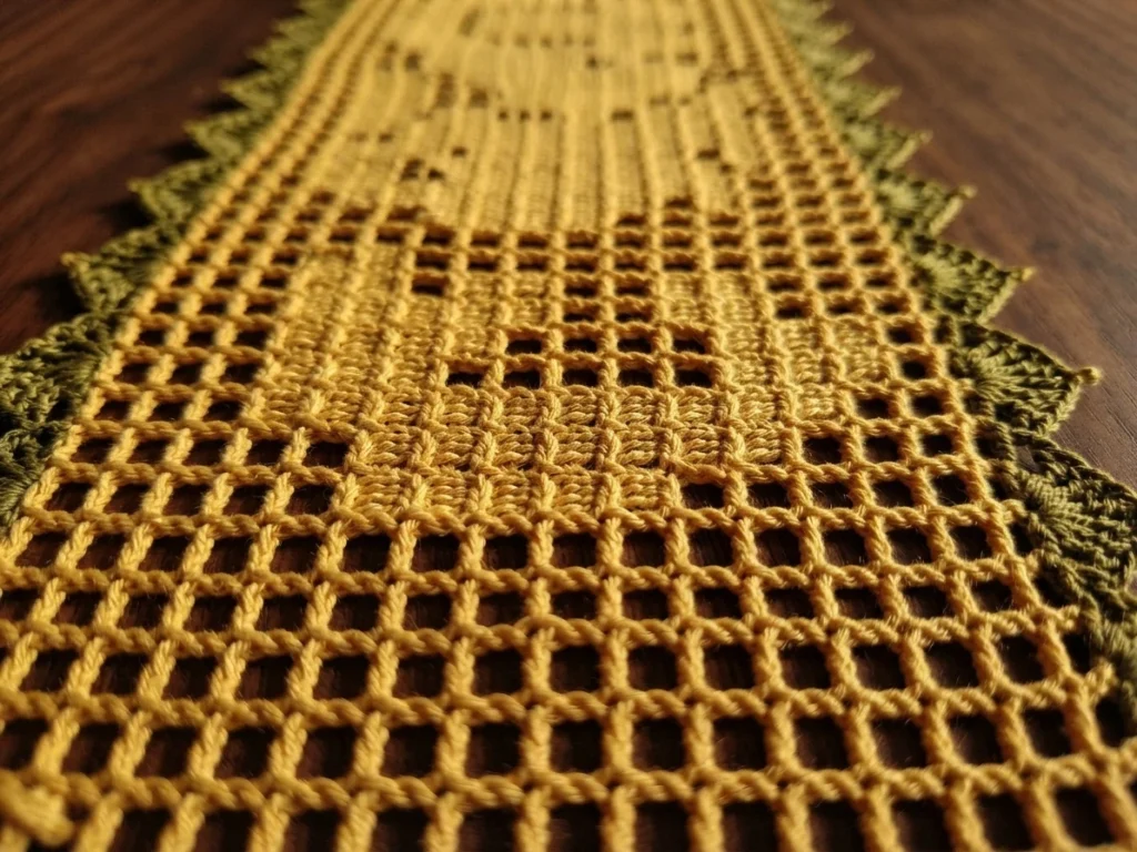 Yellow filet crochet table runner with an open mesh grid, solid blocks forming a central motif and a green scalloped border, photographed at an angle on a wooden table.
