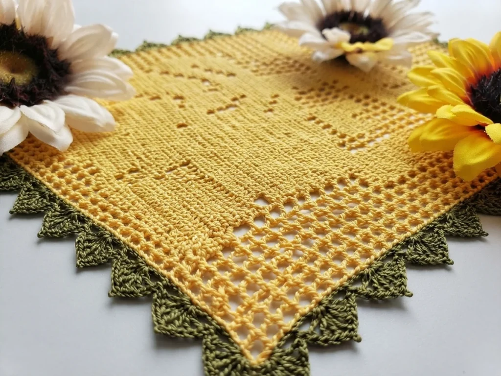 Yellow filet crochet table runner with a green scalloped edge, shown at an angle on a white surface with white and yellow artificial sunflowers placed around the corners.
