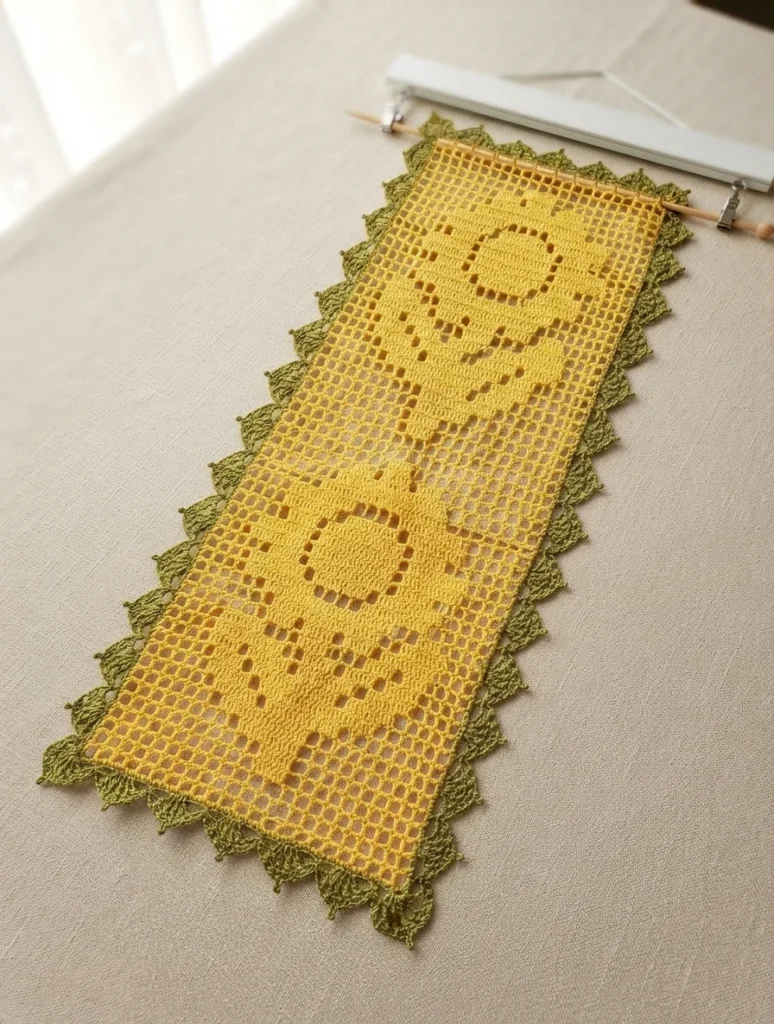Yellow filet crochet table runner with a sunflower motif worked in open mesh, edged with a green scalloped lace border, shown draped on a beige fabric surface