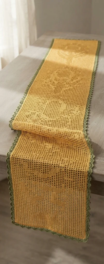 Golden yellow filet crochet table runner with two visible sunflower motifs and a green scalloped edge, laid along a light wood table in soft daylight.