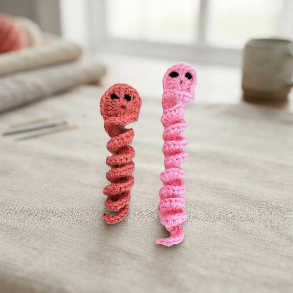 Two curly crochet worry worms, one coral and one pink, with dark eyes, standing on a table.