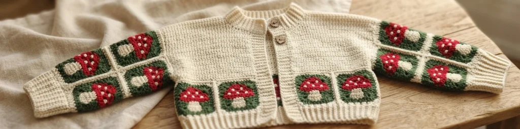 Cream crocheted cardigan with red-and-green mushroom squares on the sleeves and lower front, displayed flat with wooden buttons.